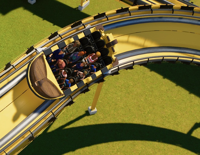 Een Bootje gaat door een 'gebankte' achtbaanbocht. Het Bootje heeft vier rijen met elk vier zitplaatsen; de eerste tien zitplaatsen bevatten Bezoekers. De Achtbaan is geel; het Bootje is bruin, met gele accenten.