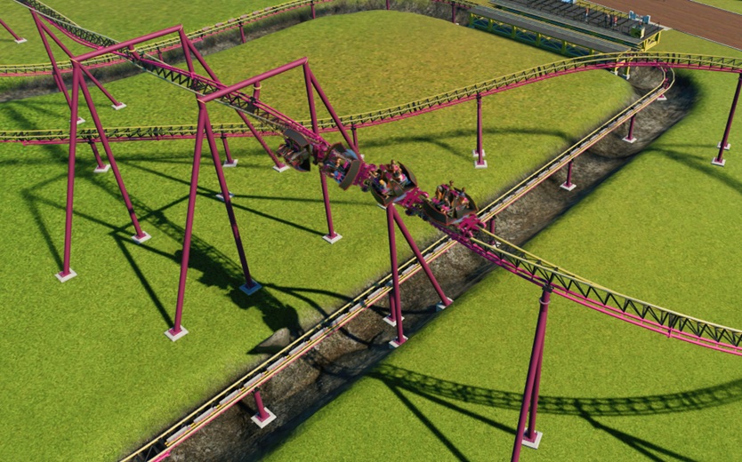 Vogelperspectief van een Achtbaan met Ultradraai, die net door een 'Inline Twist' (een baandeel dat om zijn as draait) gaat. De Trein rijdt van links naar rechts. Onder de baan is de lanceersectie te zien, met de typische grijze LSM-delen bovenop de baan. De vier vierpersoonskarretjes draaien om hun verticale as. De Achtbaan is standaard paars, met kaki accenten. De Trein is zwart, met paarse lijnen.
