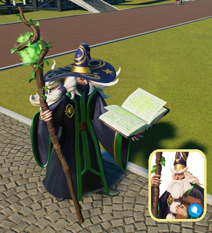 Vesper is een oude witharige tovenaar met een paarse robe en hoed, een toverboek in de linkerhand en een houten toverstaf in de rechterhand.