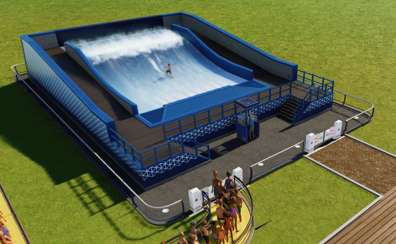 WaveSim is een soort ommuurd wateroppervlak, waarin een hoge golf wordt gegenereerd. Een Bezoeker surft in de Attractie, terwijl anderen in de wachtrij hun beurt afwachten.
