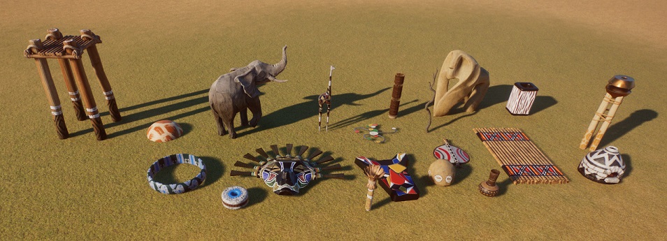 Vogelperspectief van een serie Decorstukken in Afrikaanse stijl: een platform op houten palen, een realistisch olifantsbeeld, een geabstraheerd olifantsbeeld, kralen, een schild, een vuilnisbak, een masker, ...