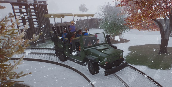 Een 4x4-jeep rijdt door een houten Verblijfspoort, tijdens een sneeuwbui. De jeep rijdt van links naar ons toe.