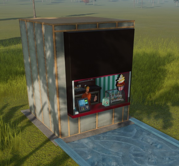 Een Winkeltje met links de kassa en servetten, en rechts de Bewaardoos met cupcakes. Links van de Bewaardoos staan twee verticaal groen/witgestreepte zakken; rechtsboven de Bewaardoos hangt een grote afbeelding van een cupcake. In het midden wacht de Verkoper op Klanten.