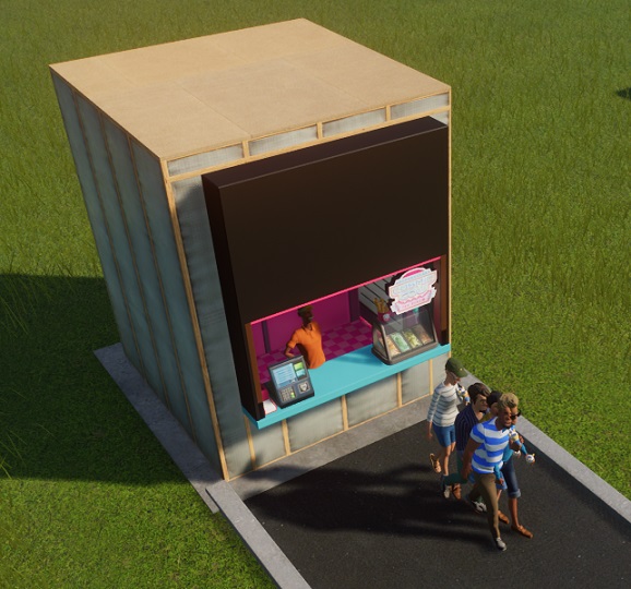 Vogelperspectief van een Cosmic Cow Ice Cream-winkel, met links de kassa en servetten, en rechts de koeltoonbank met vier soorten ijs erin. Rechtsboven de koeltoonbank hangt het Cosmic Cow Ice Cream-logo. Middenin staat de Verkoper. Een groepje van vier Bezoekers wandelt weg van de Winkel, met een bekertje-met-ijs in de handen.