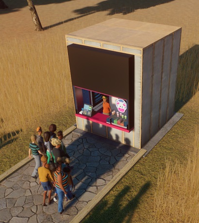 Vogelperspectief van een Cosmic Cow Milkshakes-winkel, met links de kassa en servetten, en rechts de koeltoonbank met diverse 'kleuren' Milkshakes erin. Bovenop de koeltoonbank staan zes Milkshake-bekers, en rechtsboven de koeltoonbank hangt het Cosmic Cow-logo (een vooraanzicht van de kop van de koe). Middenin staat de Verkoper. Een tiental Bezoekers wandelt van links naar de Winkel toe.