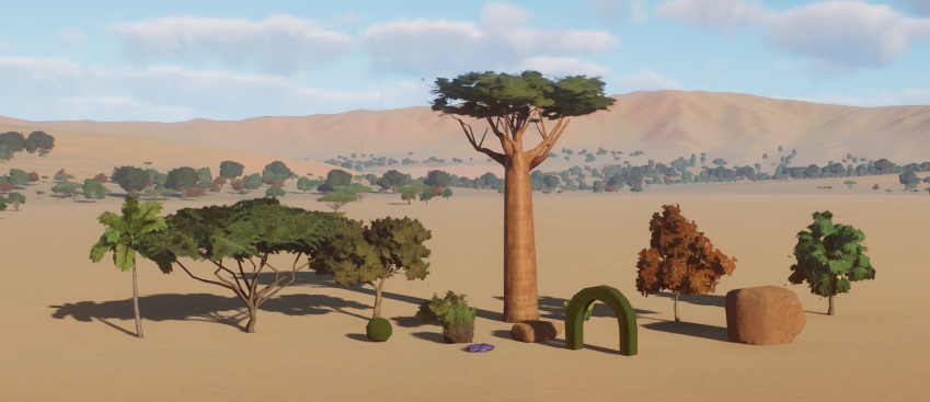 Grasland-panorama met zes bomen, vijf planten en twee rotsen.