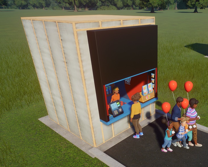 Vogelperspectief van een Loony Blooons-winkel, met links de kassa en rechts de bewaardoos, met kleurige afbeeldingen van ballonnen erop. De Verkoper bedient een Klant; een groepje van vier Bezoekers wandelt weg van de winkel. Ze dragen alle vier een rode ballon.