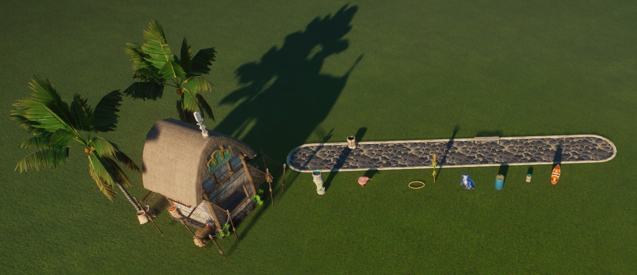 Vogelperspectief van allerlei Oceanische decorobjecten: links een strandhut, rechts een Wandelpad met Vuilnisbak en Zitbank, en verder nog een Kiw-standbeeld, een surfplank, een afbeelding van een Dwergpinguïn, ...
