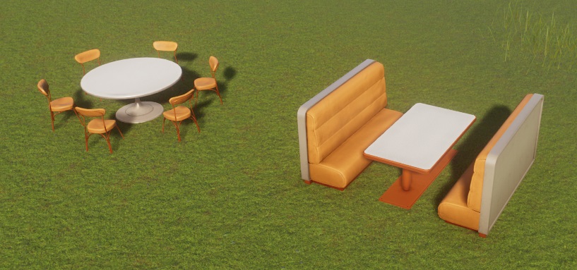 Vogelperspectief van een ronde tafel met zes stoelen (links), en een tafel met twee 'zetels' (rechts).