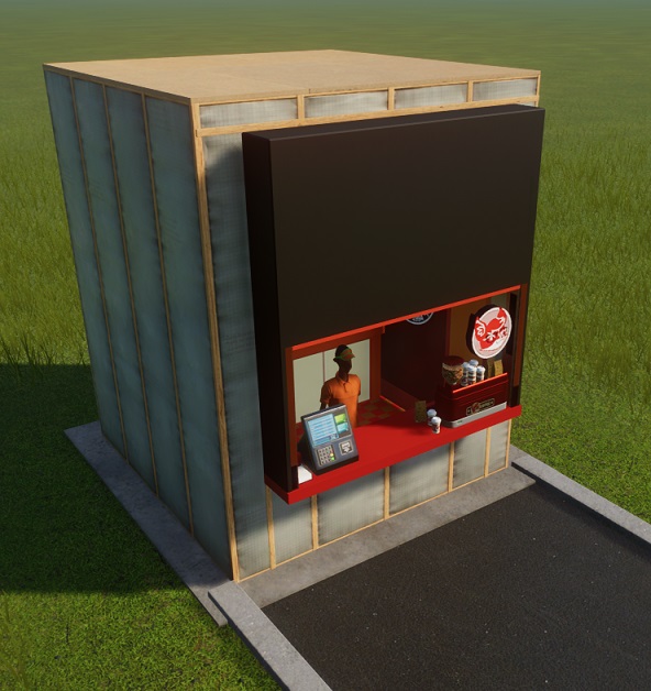 Een winkel met links de kassa en servetten, en rechts de bewaardoos met koffiebekers en een omgekeerde trechter, gevuld met koffiebonen. Boven de bewaardoos hangt een afbeelding van het gezicht van Foxy, de Street Fox Coffee-mascotte. In het midden wacht de Verkoper op Klanten.