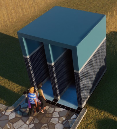 Vogelperspectief van een Toilettenblok. Het blok omvat links de ingang en rechts de uitgang; de muren zijn betegeld met donkerblauwe tegels tot op een hoogte van ongeveer twee meter. De rest van het Gebouw is lichtblauw. Een groepje Bezoekers wandelt de ingang in.