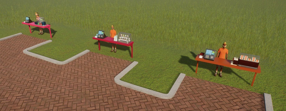 Vogelperspectief van drie bemande Toonbanken aan een pad van rode baksteen. Iedere Toonbank heeft links de kassa en servetten, en rechts de bewaardoos. Van links naar rechts: een Gulpee Slush, een Cosmic Cow Ice Cream en een Chief Beef-toonbank.