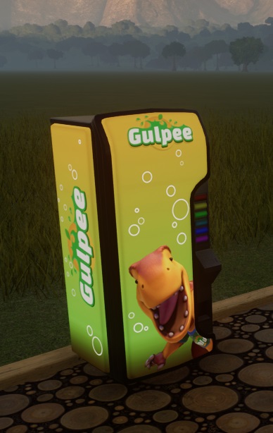 Vogelperspectief van een Gulpee-automaat: een lichtgroen apparaat, bovenaan gaat het groen geleidelijk over in geel. Op de voorkant staat een close-up van Gulpee Rex afgebeeld, met het Gulpee-logo aan de bovenkant. Aan de zijkant vinden we dit logo terug, maar nu staat het verticaal. Witte 'Bubbels' versieren voor-en zijkanten van de machine. De bedieningsknoppen zitten rechts aan de voorkant.