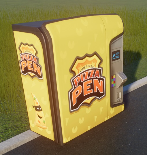 Vogelperspectief van een Pizza Pen-automaat: een geel apparaat versierd met een patroon van pizzastukken. Op de voorkant staat een 'politiebadge'-logo met de tekst 'Chief Beef' (kleine letters) en daaronder 'Pizza Pen' (in grote letters). Op de zijkant staat dit logo eveneens, in verkleinde versie. Daaronder staat een afbeelding van de de Pizza Pen-mascotte: een lachend stuk Pizza, met een zwart 'oogmasker'. De bedieningsknoppen zitten rechts aan de voorkant.