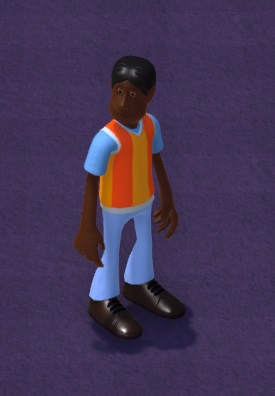 Een Assistent kijkt naar links. De Assistent heeft een donkere huid en zwart haar. Hij draagt een lichtblauw uniform, met gele en oranje verticale strepen op zijn shirt.