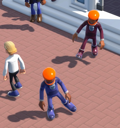 Vogelperspectief van de buitenkant van een Universiteit, waarin twee Astronauten 'moonwalkend' zweefsprongen maken (ook al is er hier normale zwaartekracht). Een andere Student wandelt links het beeld uit. De grond bestaat uit rode bakstenen. Rechtsboven is de onderkant van een Gebouw te zien.