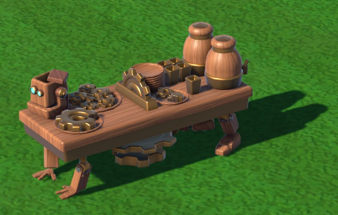 Een houten tafel op vier 'poten': de poten links hebben houten handen, het potenpaar rechts heeft voeten. Tandwielen liggen op tafel; twee grotere tandwielen zitten vast aan de onderkant van de tafel. Een houten 'hoofd' staat links op de tafel. Rechts staan twee 'drinkbussen' (met een kraantje eraan). Op de tafel staan ook nog een stapel (houten) borden en dessertpotjes.