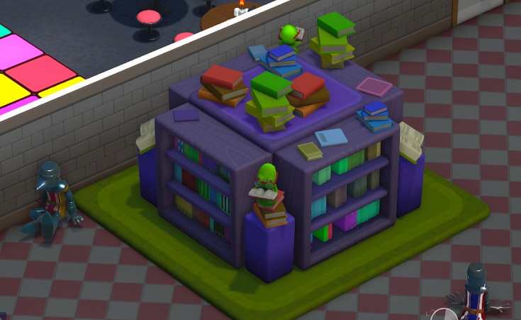 Op een groene mat staat een paars, vierkant, enorm meubelstuk met aan iedere kant een gevuld Boekenrek. Bovenop het meubel liggen boeken, sommigen opeengestapeld. Tussen de Boekenkasten zitten aan twee tegenovergestelde zijden beelden van lezende 'Bookworms'; op de twee andere zijden staat een beeld van een open boek. Links en Rechtsonder zitten Ridderstudenten. De vloer heeft een ruitpatroon.