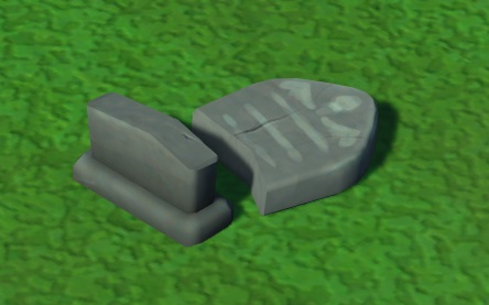 Vogelperspectief van een Gebroken Grafzerk: links ligt de voet, rechts ligt het afgebroken deel, met puntige bovenkant.