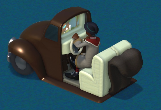 Een spelautomaat in de vorm van een bruine auto. De speler (hier een Tovenarijstudent, met lang kleed en puntmuts) zit op een witte 'autobank' en draait aan het stuur om de auto op het scherm voor hem te besturen. Het scherm ziet er hoekig ('gepixeld') uit.