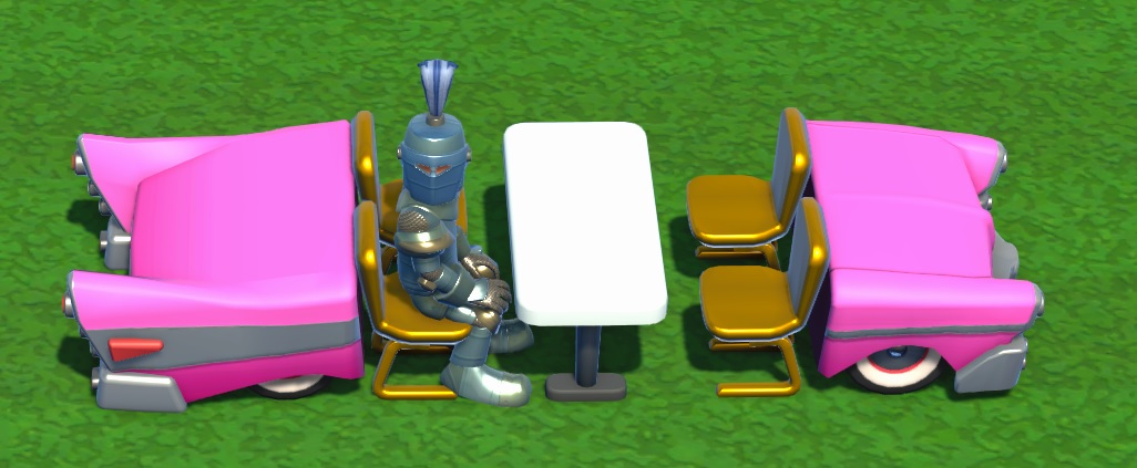 Vogelperspectief van een tafel, vormgegeven als een roze, futuristische auto: links van de linkerstoelen de kofferbak en achterwielen, rechts van de rechterstoelen de voorkant met voorwielen. Een geharnaste Ridderstudent zit op de voorste linkerstoel, met het gezicht naar ons gedraaid.