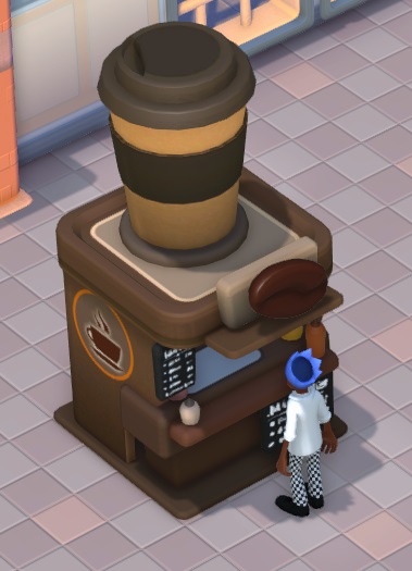 Vogelperspectief van een donkerbruin Coffee Kiosk-kraampje, met een enorme nagemaakte koffiebeker op het 'dak'. Op de zijkant staat een pictogram van een dampend kopje koffie. Een Chef-Student staat voor het kraampje. In plaats van een koksmuts, draagt hij een blauwe kroon, die hij eerder aan een Winter Kiosk heeft gekocht.