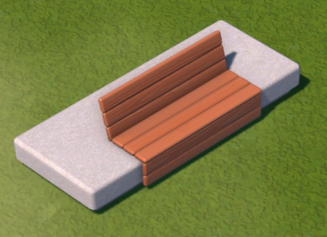 Vogelperspectief van een lage betonnen balk, met een houten zitbankje erin vervat.