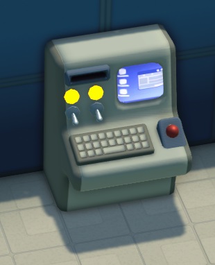 Vogelperspectief van een Digital Console: een computerterminal met rechts een scherm en links twee gele lichtjes verbonden aan twee hefbomen. Onderaan staan links het toetsenbord en rechts een donkerrode drukknop. Bovenaan links werd een zwarte gleuf aangebracht.