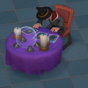 Een Leerling-Tovenaar zit aan de Fortune Table. Voor de Student liggen drie speelkaarten (op de twee linkse kaarten staat één ster afgebeeld; de derde heeft drie sterren), een glazen bol, en drie uitgedoofde kaarsen op een paars tafelkleed.