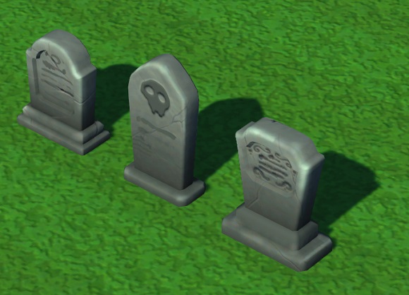 Vogelperspectief van een Gravestone Row. Dit object bestaat uit drie grafzerken op een rij. De linkse zerk heeft een halfronde bovenkant. De middelste heeft een spitse bovenkant en een eenvoudige afbeelding van een schedel. De rechtse grafsteen heeft een hoekige bovenkant.