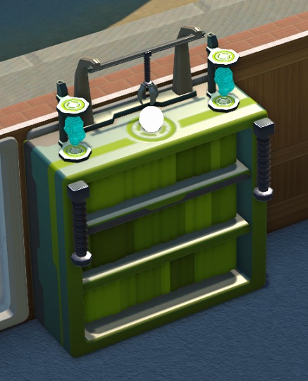 Vogelperspectief van een Head Clinic Bookcase in de Bib. Het is een lichtgroene Boekenkast met drie schappen, gevuld met boeken met groene kaft. Bovenop het Boekenrek staat een miniatuurversie van de Kraaninstallatie uit de Head Clinic, met links en rechts daarvan een nagemaakt blauw rastermodel van een hoofd. In het midden hangt de grijper van de kraan boven een verlicht gloeilamppeertje.