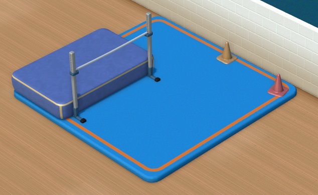 Vogelperspectief van een High Jump-installatie: een donkerblauwe valmat met de springlat ervoor, en dat alles op een grote, lichtblauwe, vierkante mat met oranje rand. Rechts staat twee kegels op de mat.