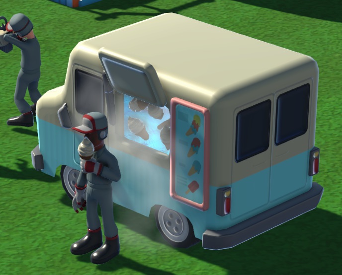 Vogelperspectief van een Ice Cream Van: een ijswagentje gevuld met ijs en ijshoorntjes. Een Ghost Detector-Student staat links en likt aan een ijsje. Linksboven kijkt een andere Student zijn 'Spokenstofzuiger' na.