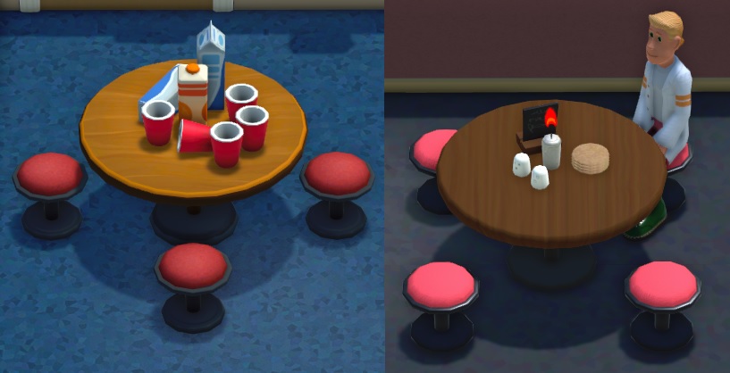 Twee afbeeldingen naast elkaar. Links een vogelperspectief van een Tafel in de Student Lounge. De tafel ligt vol met vijf lege plastic bekertjes en drie lege melkpakken. Vier rode zitjes staan rond de tafel. Rechts een vogelperspectief van een Tafel in de Student Union. Een brandend kaarsje en een hoopje onderzetters staan middenin de Tafel; vier rozerode zitjes omringen de Tafel. Een Dokter-Student zit rechts aan de Tafel.