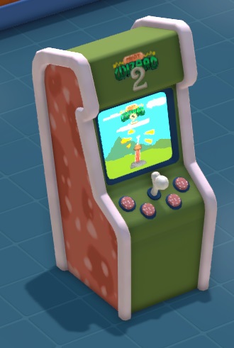 Vogelperspectief van een Meat Wizard 2 Machine: een speelkast met een close-up van vlees als zijkant. De automaat heeft vooraan een groene kleur. De joystick is een menselijk bot. Vier knoppen, vormgegeven als salamischijfjes, omringen de joystick. Op het scherm staat het titelscherm van Meat Wizard 2, met een zwaard in een steen op de voorgrond. Bovenaan de automaat staat 'Meat Wizard 2'.