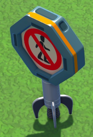 Vogelperspectief van een No Trespassing Sign: een achthoekige rand, met daarin een rond, rood verbodsbord met een rood doorstreept zwart mannetje erin.