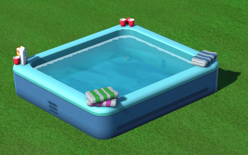 Vogelperspectief van een blauwe, rechthoekige Party Pool -  een opblaaszwembad met handdoeken in twee van de hoeken en rode plastic bekertjes in de andere twee, plus twee drankverpakkingen in de linkse hoek.