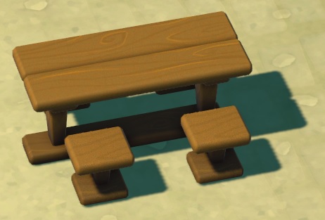 Vogelperspectief van een houten Picknicktafel met vier zitjes.