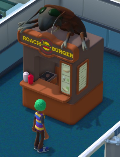 Vogelperspectief van een Roach Burger Kiosk: een bruin winkeltje met grijze zijmuren, en de voorkant van een enorme animatronische kakkerlak op het dak. Bovenaan staat 'Roach Burger' met een hamburger-pictogram tussen beide woorden. Op de zijmuren hangt de prijslijst; links vooraan op de toonbank staan een witte en een rode flacon naast elkaar. Er is geen Verkoper in het kraampje aanwezig. Een Class Clown-Student staat voor het kraampje.