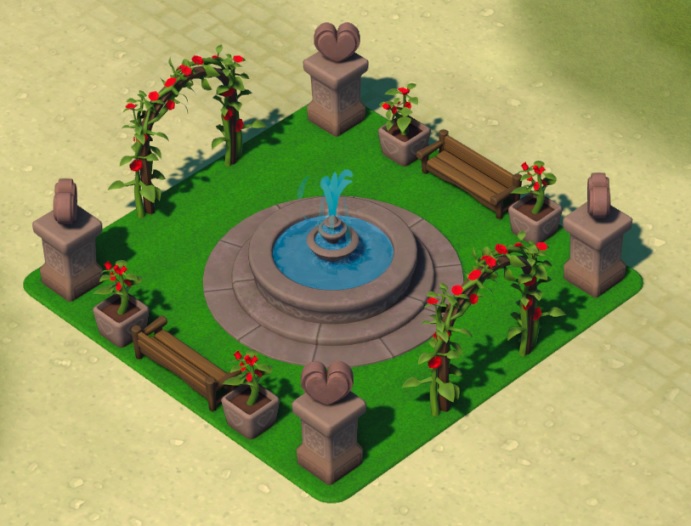 Vogelperspectief van een Rose Garden. Middenin de tuin staat een ronde fontein; boven en onder de fontein staat telkens een pergola, met rozen begroeid. Links en rechts van de fontein staat steeds een houten zitbankje, tussen twee bloempotten met rozen. In de vier hoeken van de tuin staat een stenen standbeeld van een hartje op een sokkel.