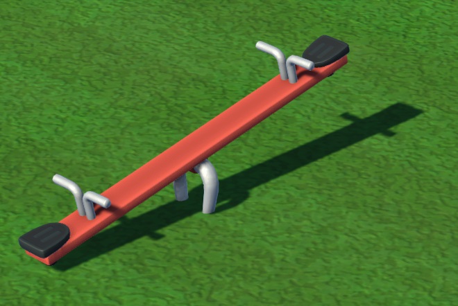 Vogelperspectief van een rood wip-speeltuintoestel. Het linkergedeelte bevindt zich bij de grond.