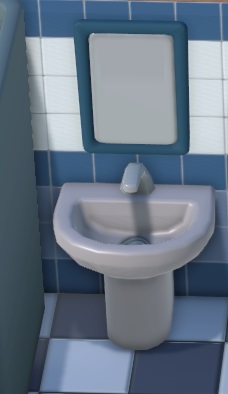 Vooraanzicht van een witte spoelbak, met een rechthoekige spiegel aan de muur erboven.
