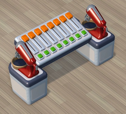 Vogelperspectief van een Sound Mixer in een Recording Studio. De Sound Mixer bestaat uit een mengpaneel met acht oranje schuifschakelaars naast elkaar. Onder iedere schuifschakelaar staat een groene drukknop. Links en rechts van de mengtafel werd een donkerrode keukenmixer gemonteerd.