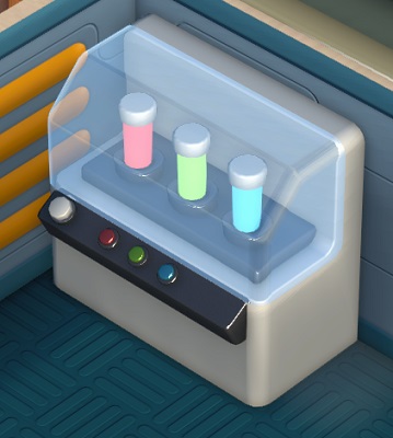 Vogelperspectief van een Space Goo-vitrinekast. Drie tubes staan verticaal in de kast, gevuld met 'brij': de linkse tube heeft roze brij, de middelste heeft lichtgroene brij en de rechtse heeft lichtblauwe brij. Aan de voorkant van de kast zit links een grote, witte drukknop. In het midden staan drie knoppen naast elkaar, van links naar rechts in de kleuren donkerrood, groen en blauw.
