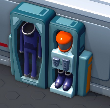 Vogelperspectief van een Spacesuit Rack in een Anti-Gravity Chamber. Het Spacesuit Rack bestaat uit twee 'kasten': links staat een blauw astronautenpak; rechts staan de oranje helm en, daaronder, de blauwe schoenen. Het Rack is lichtblauw.