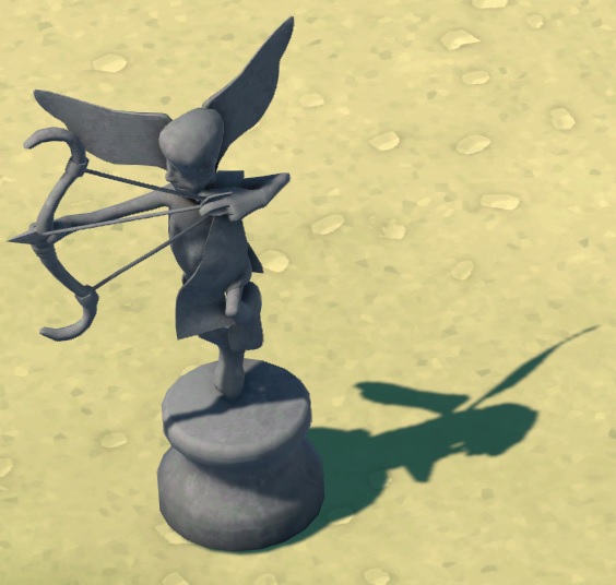 Vogelperspectief van een Statue of Love. Het is een standbeeld van Cupido die een liefdespijl naar links afschiet. Het standbeeld heeft een schaduw aan de rechterkant.