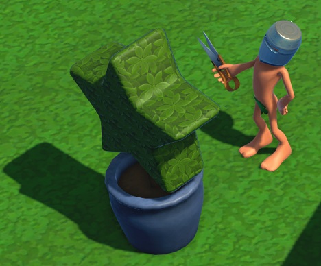 Vogelperspectief van een Topiary-struik, door een Ridder-Student in stervorm gesnoeid. De Student staat rechts, met snoeischaar in de hand, en is naakt - op de helm en een strategisch geplaatst vijgenblaadje na.