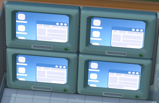 Vogelperspectief van één set van twee keer twee flatscreen-monitors. Ieder scherm heeft een 'bureaublad'-afbeelding: een open venster rechts, drie icoontjes onder elkaar aan de linkerkant.