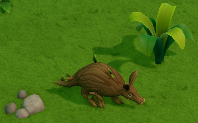 Een Aardbark lijkt op een Aardvarken, maar heeft boomschors als huidbedekking.Linksonder liggen enkele stenen; rechtsboven staat een kelkachtige plant.