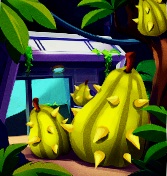 In een laboratorium, begroeid met palm-achtige planten, zijn vier Sickly Pears te zien.